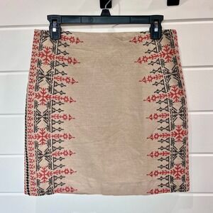 LOFT Embroidered Pencil Skirt Womens 2 Tan Linen Blend Mini A-Line Boho Office